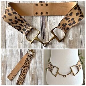 Tasha Polizzi Leopard Print Leather Belt Brass Buckle Made in USA Western Size L